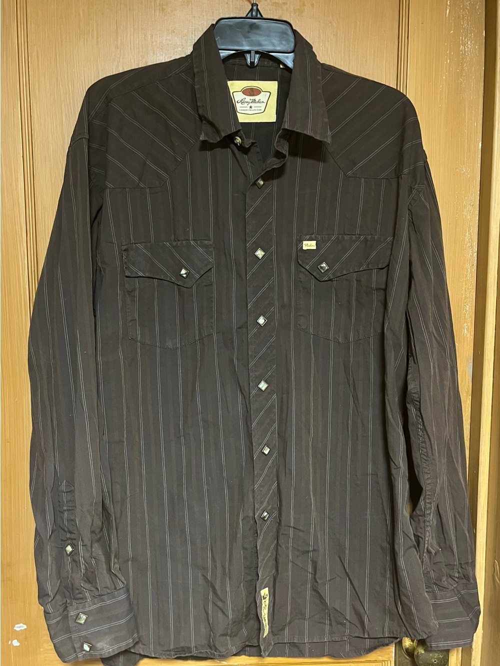 Larry Mahan Western Shirt Brown Pinstripe Pearl Snap Flap Pocket Cowboy Mens XL